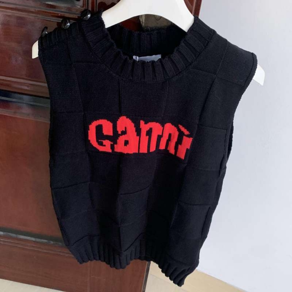 Ganni Black Knit Off-the-Shoulder Logo Sweater Vest with Red Logo
